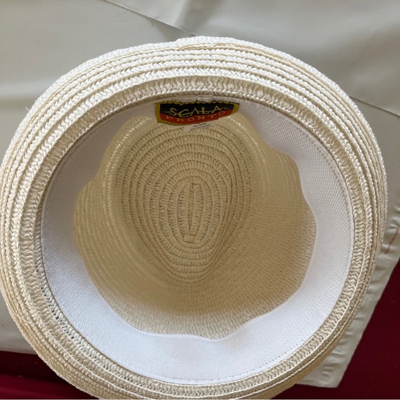 SCALA PRONTO WHITE Straw Fedora round Hat BLACK Hat Band, Beach Travel ONE size - Picture 3 of 14